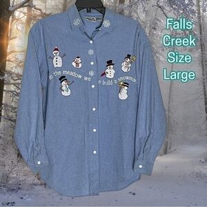 FALLS Creek Embroidered Snowmen Winter Wonderland Long Sleeve Denim Shirt Large